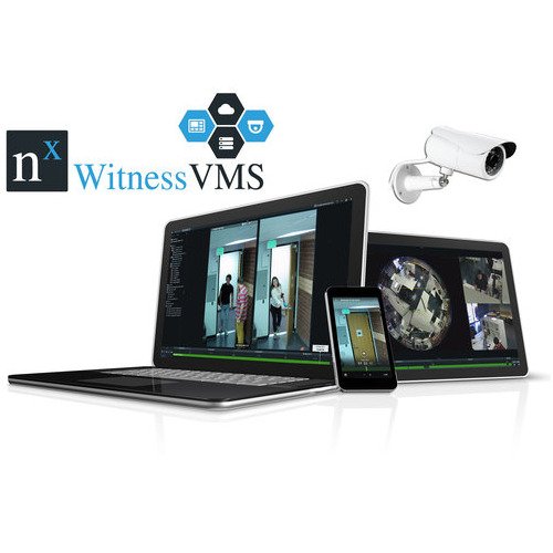 Nx Witness VMS running on laptop, mobile phone and IP camera